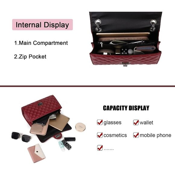 🆕  Women Red Strap Stylish Clutch Purse Quilted Ladies Chain Crossbody Bags - Picture 4 of 6